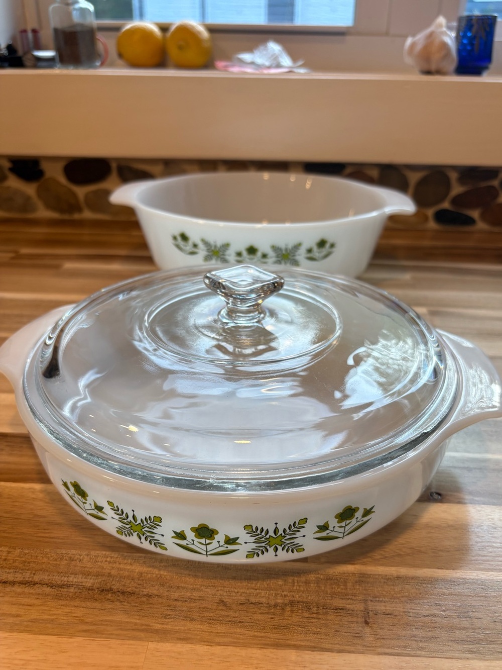 Vintage Anchor Hocking Meadow Green Casseroles 1.5 qt w/ lid; 2.0 qt w/o lid MCM